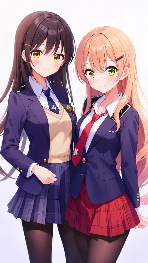 two girls, beautiful girls, sisters,  navy school blazer, necktie, hair clip, tights, zettairyouiki, standing, cowboy shot, clos...