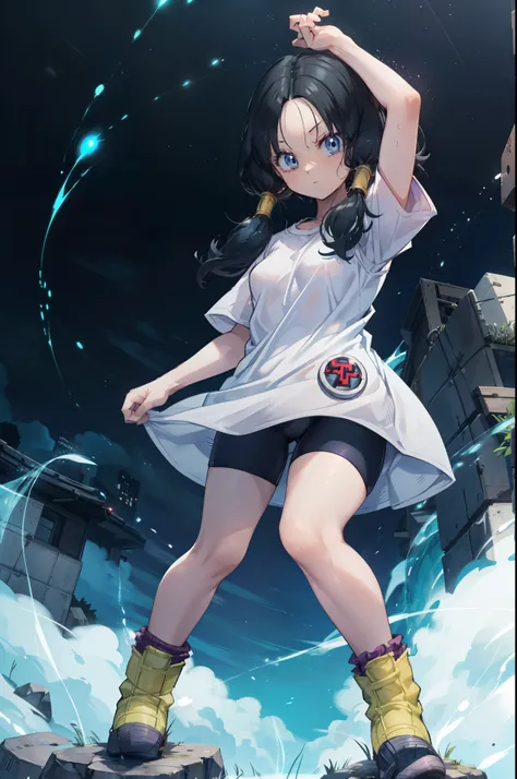 Videl,2,Low Twintails,white T-shirt,badge, bicycle_Shorts,Green shoes,Cool look,((A dreamlike hell world:1.4)),super high quality,Best Quality,4K quality,Energy Wave,Full body image,Nice,aura,night,full moon,blue eyes,Stand with your feet apart,Without a d...