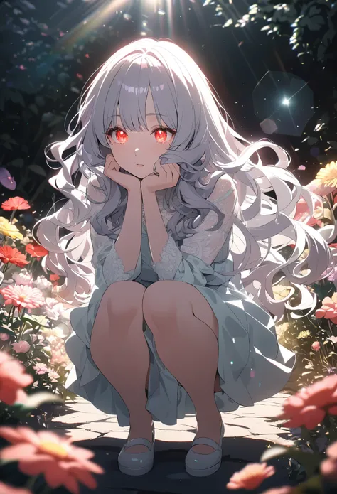 pastel color,ultra-detailed,cinematic lighting,silver long hair,wavy hair,red glowing eyes,girly white dress,squat,Lens Flare,multicolored flowers garden,high-contrast