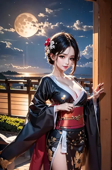 masterpiece:1.5, bestquality, 1girl, off shoukder kimono, black kimono, night scine, moon, fantasy.