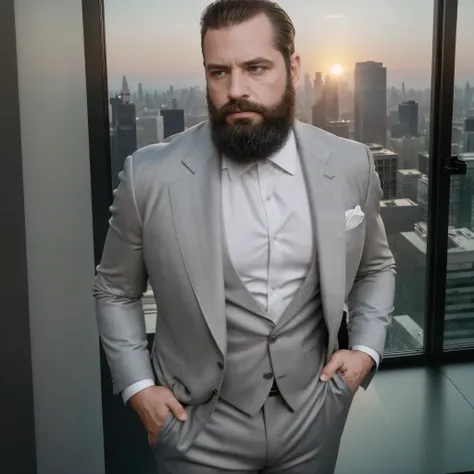 a white man, muscular, 3, with a defined beard, appears in the foreground, wearing a perfectly tailored grey suit that accentuat...