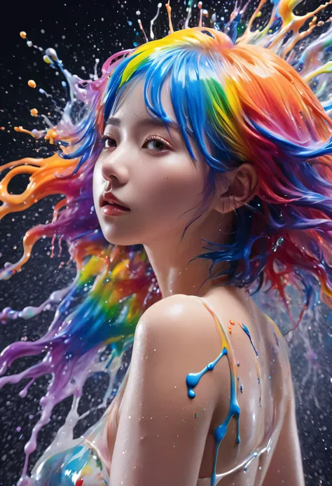 (Level Difference:1.8),(Paints collide、Splatter on canvas),(Written boundary depth),(Flat Color:1.1,(Theme)),1 person,Poster,, Young Face, Embarrassed expression, short hair, Completely naked, Medium Bust, (((She is getting liquid dye painted on her bare b...