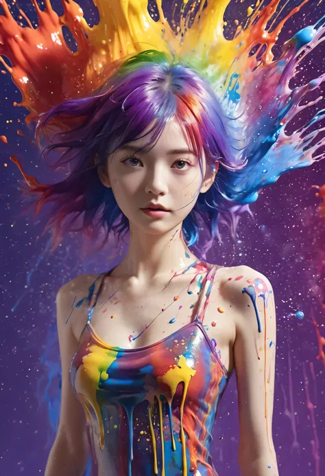 (Level Difference:1.8),(Paints collide、Splatter on canvas),(Written boundary depth),(Flat Color:1.1,(Theme)),1 person,Poster,, Young Face, Embarrassed expression, short hair, Completely naked, Medium Bust, (((She is getting liquid dye painted on her bare b...