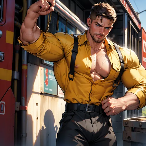 NSFW , masterpiece, best quality, face, natural eyes, 1man, macho HORNY man,, muscled and mature, stephen amell as a firefighter wearing totally unbuttoned firefighter overall, sweating, tight cloth showing his muscles and COCK , full body , background sta...