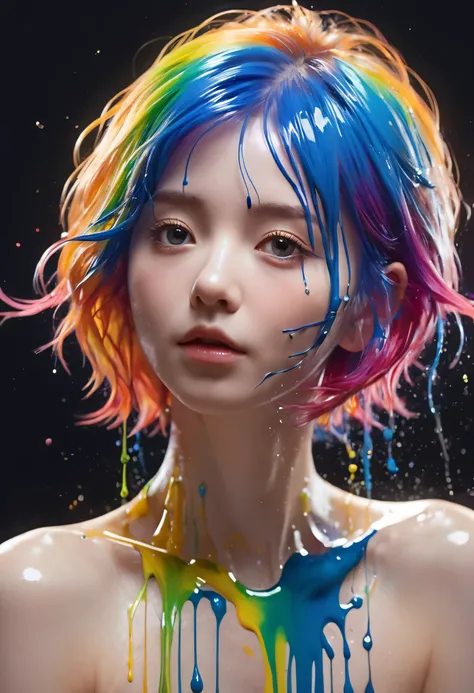 (Level Difference:1.8),(Paints collide、Splatter on canvas),(Written boundary depth),(Flat Color:1.1,(Theme)),1 person,Poster,, Young Face, Embarrassed expression, short hair, Completely naked, Medium Bust, (((She is getting liquid dye painted on her bare b...