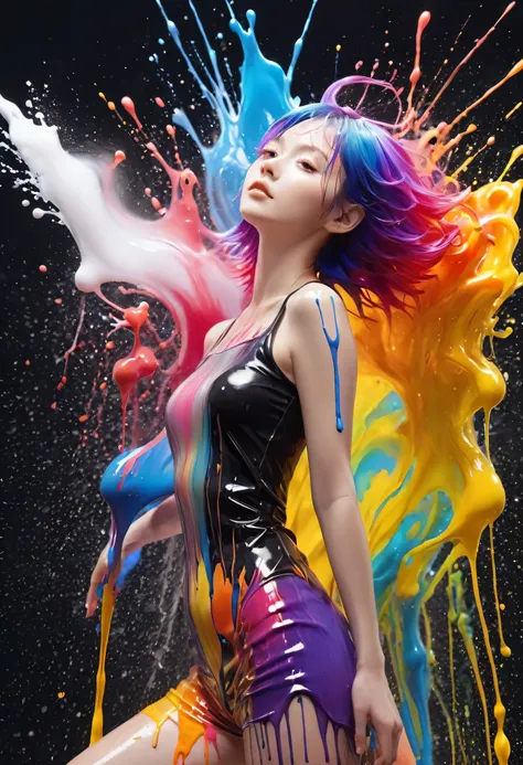 (Level Difference:1.8),(Paints collide、Splatter on canvas),(Written boundary depth),(Flat Color:1.1,(Theme)),1 person,Poster,20-year-old, Young Face, Embarrassed expression, short hair, Completely naked, Medium Bust, (((She is getting liquid dye painted on...