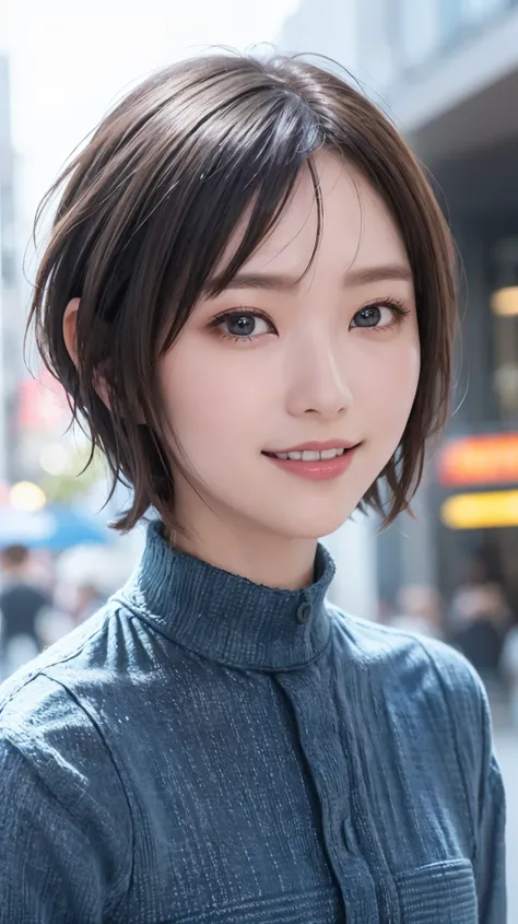 masterpiece, Best Quality, Highest quality, beautiful girl, Cute Face, 8k, Official Art, RAW Photos, When you go out in the city during the hot season, please wear cool clothes., (Asymmetrical Short Hair+Short cut:1.3), Teen, Face Light, Film Grain, chroma...