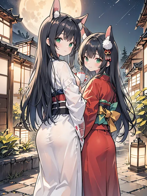 ((Best Quality, 8k, masterpiece: 1.3)),people間の女の子,１people,１peopleで,((Petite,Glamorous Body,Curvy)),cute,Happy expression,((Black Hair)),Long Hair,Beautiful emerald green eyes,((Put rabbit ears on your head,Rear view,sit,Kimono Pose)),Tsukimi,Bright night ...