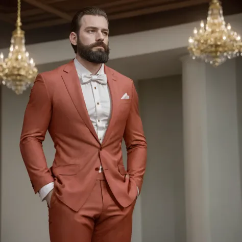 a white man, muscular, 3, with a defined beard, appears in the foreground, wearing a fitted red suit that accentuates his robust...