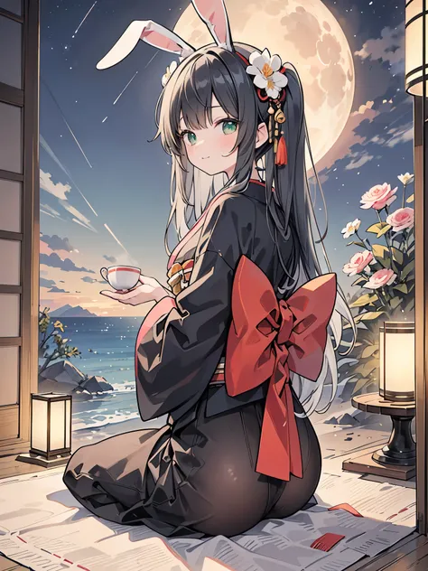 ((Best Quality, 8k, masterpiece: 1.3)),people間の女の子,１people,１peopleで,((Petite,Glamorous Body,Curvy)),cute,Happy expression,((Black Hair)),Long Hair,Beautiful emerald green eyes,((Put rabbit ears on your head,Rear view,sit,Kimono Pose)),Tsukimi,Bright night ...