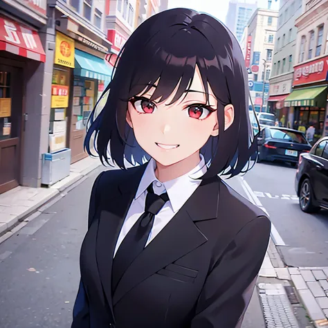 Shooting from above、hand on own cheek, Biologically Correct Five Fingers、sexy, Upper Body, (pale skin:1.2), shiny skin, shiny hair、(A 40-year-old woman) and (bob cut) and (wavy hair) and (hair between eyes) and (black hair) and (red eyes), (business suit:1...