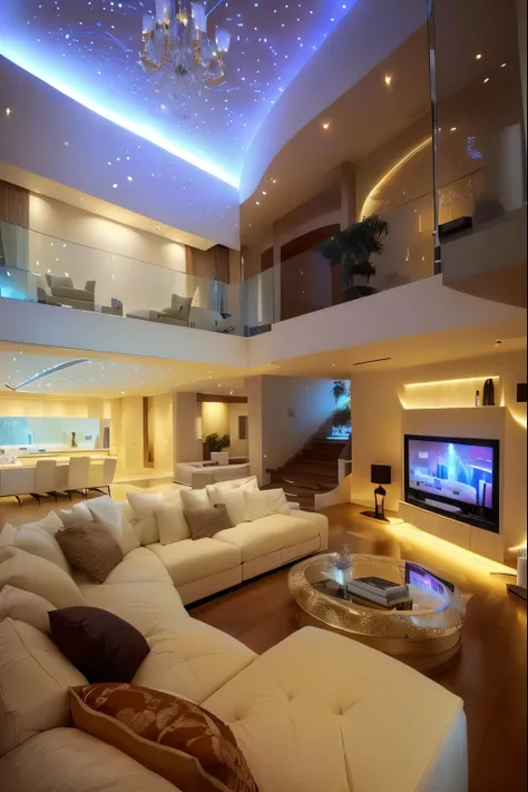 arafed living room with a large white couch and a flat screen tv, bright lit interiors, beautiful interior, interior lighting, luxurious indoor setting, glowing interior lighting, home interior, elegant interior, very beautiful ambient lighting, luxury lif...