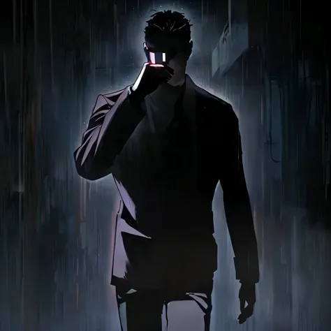 there is a man that is talking on a cell phone, neo noir style, gits anime, beaten tech. neo noir style, neo noir, shuushuu anime image, neo - noir style, sankakucomplex anime image, drawn in a neo - noir style, chiaroscuro anime key visual, noir animation...