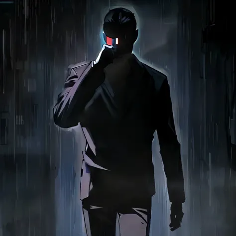 there is a man that is talking on a cell phone, neo noir style, gits anime, beaten tech. neo noir style, neo noir, shuushuu anime image, neo - noir style, sankakucomplex anime image, drawn in a neo - noir style, chiaroscuro anime key visual, noir animation...