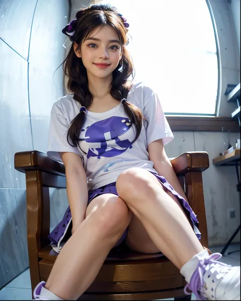 Best Quality, masterpiece, Ultra-high resolution,8k,((Portrait sitting on chair:1.4)), (Realistic:1.6), ((blue eyes)),((A radiant smile)), ((Thin legs、Beautiful feet:1.2)),RAW Photos,((Realisticな美肌)),((White with purple pattern oversized T-shirt, mini skir...