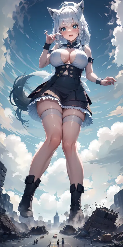 High qualityHigh quality、8ｋ、Low angle camera、(((mini skirt)))、(((((Raise one leg)))))、megalopolis、Bigger than a skyscraper女の子、steampunk、cyberpunk、Knee-high socks、((((Show your pants))))、(((((Chinese Frill Maid Dress)))))、(((Super Soko))),walk、Toy Town、(((T...