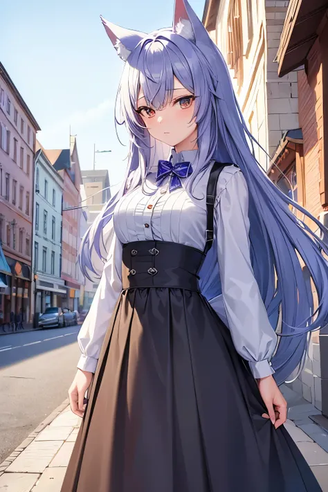 ((Best Quality)),  ((masterpiece)), ((rating_explicit)), (detailed), One girl, Ice lavender hair,Wolf ears and tail, Brown Eyes, Long Hair, Around town, Long skirt