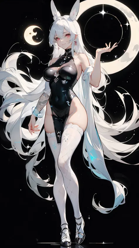 ((masterpiece， Best quality))，Moon Goddess，Romance，Jade Rabbit，Laurel，Black and white and gray，Pure white background，Standing，Detailed face，Smile，whole body，Standing picture，Perfect body proportions，Glowing eyes，sexy，Tattoo，extremely beautiful，transparent，...