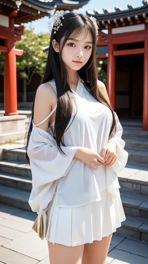 き）Create an ultra-realistic 8K resolution image of a character inspired by "Benzaiten," transformed into the "Ultimate High School Girl" while retaining Benzaitens iconic features. She embodies the fusion of divine grace and youthful beauty. Her skin has a...