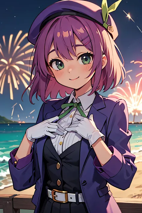 masterpiece, best quality, musse egret, purple hat, hairclip, green ribbon, purple jacket, white gloves, belt, purple miniskirt, upper body, blushing, smile, looking at viewer, beach, night, moon, fireworks, hands to chest