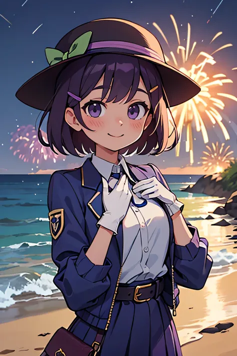 masterpiece, best quality, musse egret, purple hat, hairclip, green ribbon, purple jacket, white gloves, belt, purple miniskirt, upper body, blushing, smile, looking at viewer, beach, night, moon, fireworks, hands to chest