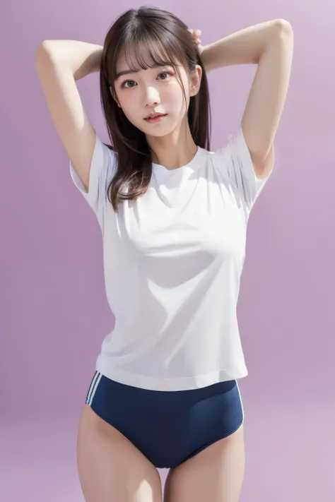 masterpiece, top quality, high quality, 1 female, plain shirt, solo, gym clothes, realistic, plain white shirt, bloomers, beauti...