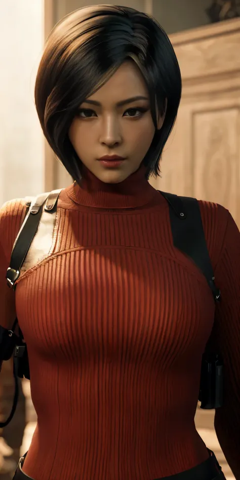 best quality,ultra-detailed,realistic:1.37,Ada Wong,perfectly symmetrical face,ultra-realistic texture,flawless body,detailed facial features,realistic lighting,serious expression