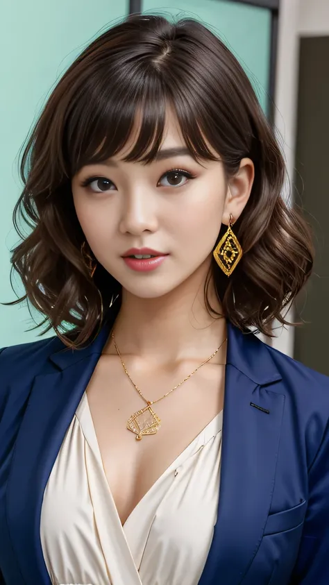 RAW Photo High Resolution, Very detailed, Intricate details, 、ear piercing、、Short Hair、Dark Brown Hair、Wavy Hair、Office Lady Suits 、jacket、shirt、Heavy makeup、Necklace around the neck、, The background is an office
