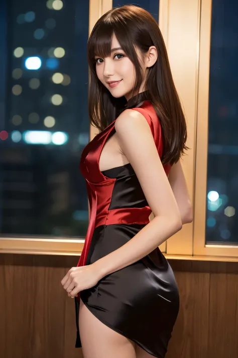  japanese,  hostess makeup, brown hair, bangs, smile, dynamic angle, high res, (photo realistic:1.2), (highly detailed:1.1),(silk black, red color dress:1.3), (tight fitting dress)), (laced dress)),(View of the city at night), window, delicate background, ...