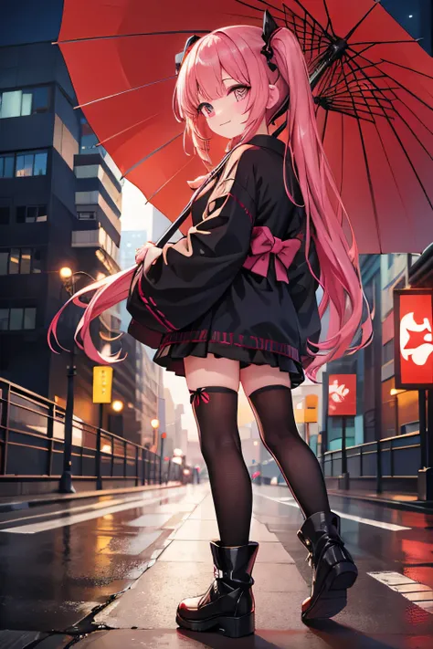 A petite girl with a Western look and beautiful features.　Pink blister々And shining eyes　Smiling thinly　Rear view　Holding a red umbrella　Pink hair in twin tails　Black yukata with black frills　The whole body is covered in blood　Dark brown boots　The backgroun...