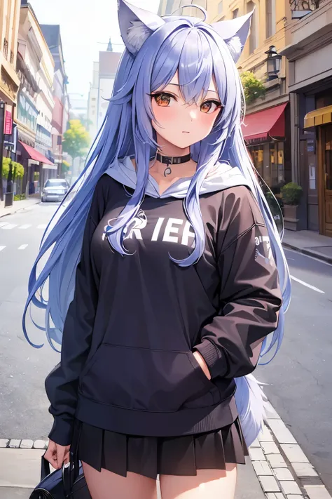 ((Best Quality)),  ((masterpiece)), (detailed), One girl, Ice lavender hair,Wolf ears and tail, Brown Eyes, Long Hair, Around town, hoodie, skirt