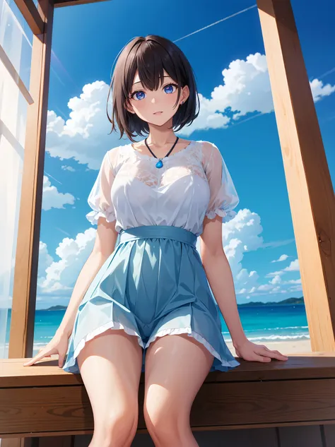 (One Woman),(high quality), (High resolution), (Very detailed),(It&#39;s correct as an anatomy book)、((Cute Bra))、(Blue Bikini:1.2)、((Transparent panties))、(Nipple Shape)、((Pantyhose))、(Hair messed up by the strong wind)、Neutral White Lighting,Long Hair St...