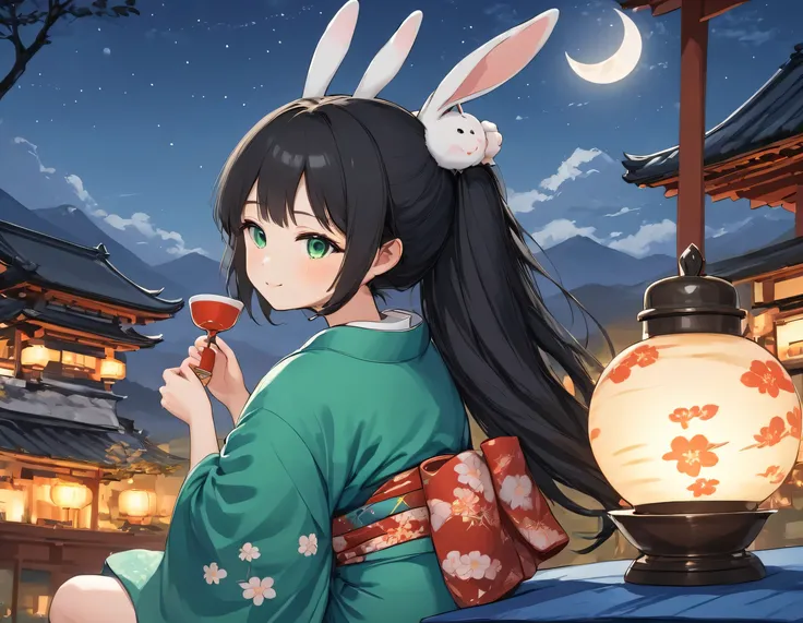 ((Best Quality, 8k, masterpiece: 1.3)),Girl among people,１people,１with people,((small,Glamorous Body,Curvy)),cute,Happy expression,((Black Hair)),Long Hair,Beautiful emerald green eyes,((Put rabbit ears on your head,Rear view,Girl sitting,Kimono Pose)),<xm...