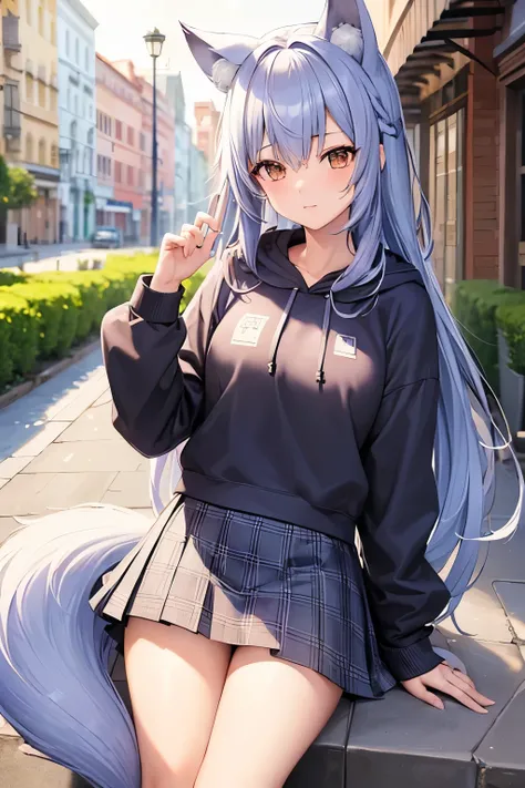 ((Best Quality)),  ((masterpiece)), (detailed), One girl, Ice lavender hair,Wolf ears and tail, Brown Eyes, Long Hair, Around town, hoodie, skirt