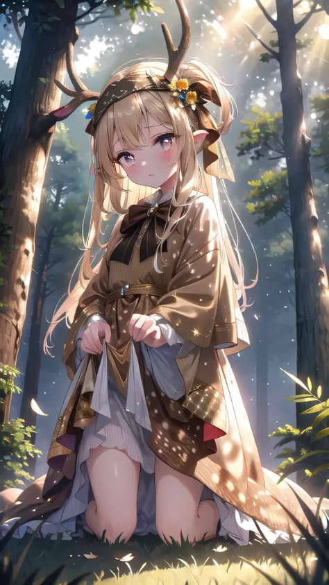 ((8k, Best Quality, Masterpiece: 1.3)), Ultra High Resolution, (One Girl, Solo), (Color Changing Eyes, Super Detailed, Expressive Shine, Sparkle, Glowing Eyes), Highly Detailed Eyes, In this fawn cosplay, she wears a brown costume with the characteristic w...