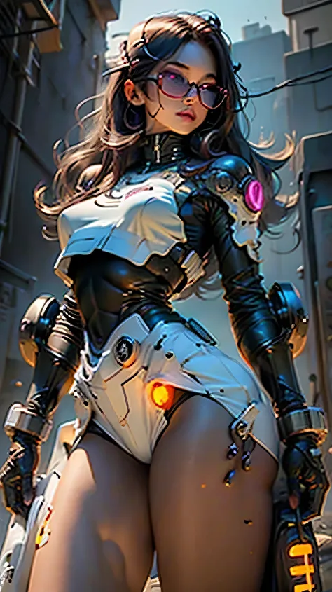 Woman body defined thick thighs cybernetic body parts, short underwear big boobs