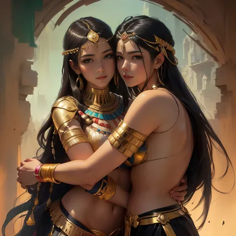 arafed image of a couple of women in egyptian costumes, rob rey and kentarõ miura, charlie bowater and artgeem, alena aenami and lilia alvarado, artgerm and genzoman, wlop and andrei riabovitchev, alena aenami and artgerm, magali villeneuve, full height’s,...