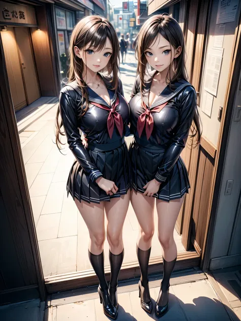 (masterpiece:1.3),(best quality, highest quality),((Full Body Shot,Including face)),2girls,4K,masterpiece,((Focus on the face)),((Symmetrical facial features)),Beautiful woman,(Slender:1.5),Facial detailing,(Latex black sailor suit、skirt:1.3)、tie、Shibuya C...