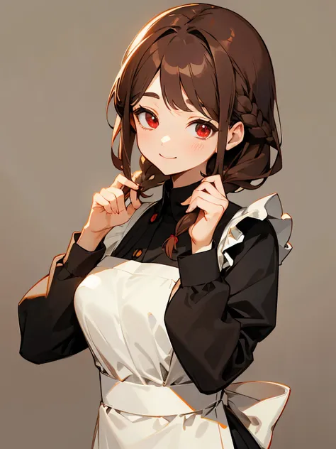 beautiful girl、Brown Hair、Plain grey background、Medium Hair、Maid uniform、smile、The upper body is shown、Cute pose、Red Eyes、Braided side hair、