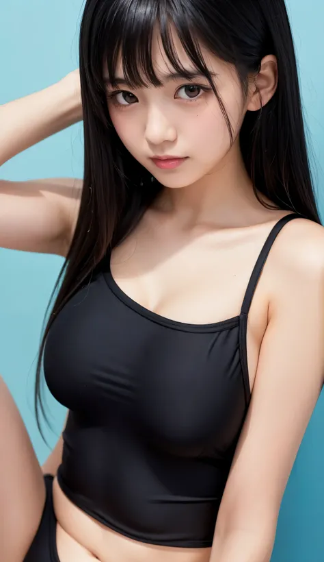 High resolution, Black Hair, Bangs, chest, Blushing, Drooling, Simple Background, One girl, School Swimsuit
