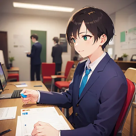 (looking away:1.5),side angle,upper body、
shiny skin, (looking away:1.5)、masterpiece、Best Quality、(2 male:1.5) and (Brown short hair) and (Green Eyes), (Wearing a suit:1.3) and (Blue tie)、
smile,Sitting,PC、
The background is the office、(alone:1.5)