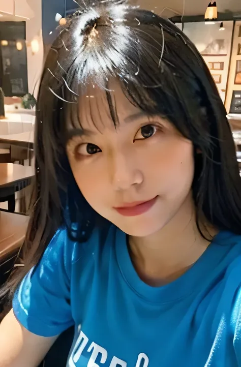 (High Resolution, Masterpiece, Best Quality, High Details:1.2)1girl, Solo, Long Hair, Bangs, Black Hair, blue t-shirts, selfie, soft smile, restaurant