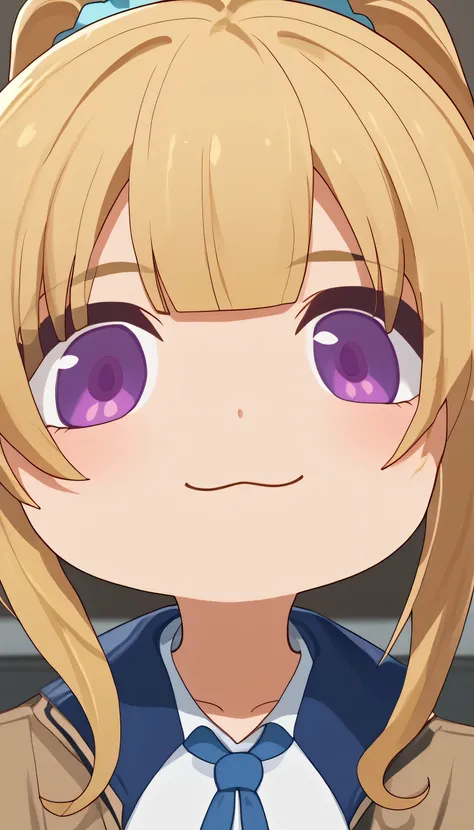 score_9, score_8_up, score_7_up, score_6_up, 1girl, KeiKaruizawa, Kei Karuizawa, bangs, blunt bangs, ponytail hair, violet eyes, blonde hair, blue scrunchie, looking at viewers, chibi character icon, chibi art, chibi style