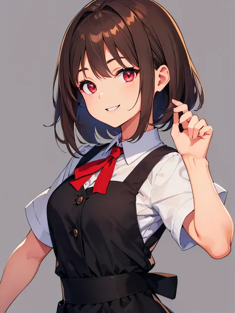 beautiful girl、Brown Hair、Plain grey background、Medium Hair、Maid uniform、smile、The upper body is shown、Cute pose、Red Eyes、Fighting Pose、