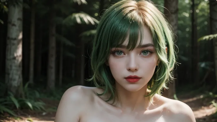 Extremely specific 4K photography of a woman with Chanel green hair, green eyes, seductive gaze and soft smile, red lipstick on her lips, golden accessories, wearing a long red dress at a forest wedding.