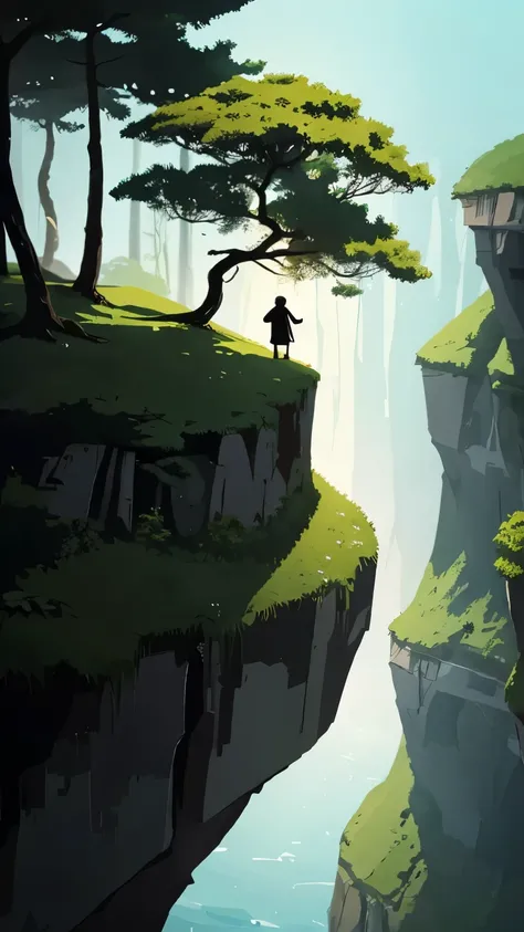 1 Man in the cliff looking on the forrest，minimalist，animation art style