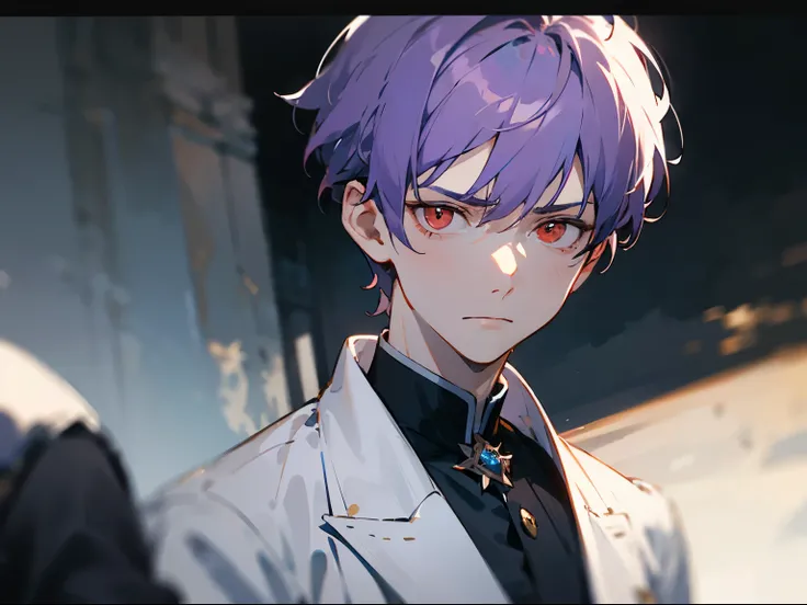 1man, cold, neutral, strict, uncaring expression, prince, straight purple hair, short hair, strict, light red eyes, noble, pale skin, dull colors, royal clothes, 20yo, adult face, sharp focus, mature, solo, masculine, blurry foreground, cinematic lighting