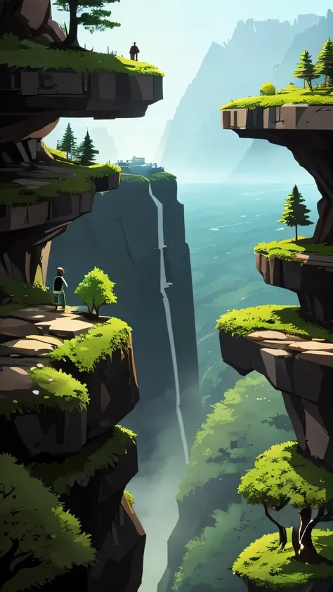 1 Man, in the forrest over rock cliff looking down to little city on the forrest，minimalist，animation art style