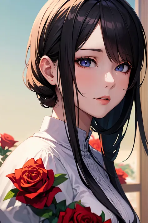 Anime girl with long black hair and a white dress with red roses, Gwaiz, Gwaiz on pixiv artstation, Detailed digital anime art, Beautiful Anime Girls, Gwaiz on artstation pixiv, Anime Style 4k, everyone, Beautiful anime portraits, Detailed portrait of an a...