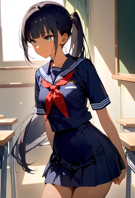 ((masterpiece,best quality anime:1.3,Best Quality)),cowboy shot,1woman,alone,(young adult),(ponytail),long straight hair,blunt bangs,black hair,((very small head:1.2)),gray eyes,gorgeous eyes,smile,small breasts,((very long body:1.3)),(tan skin),(Navy blue...